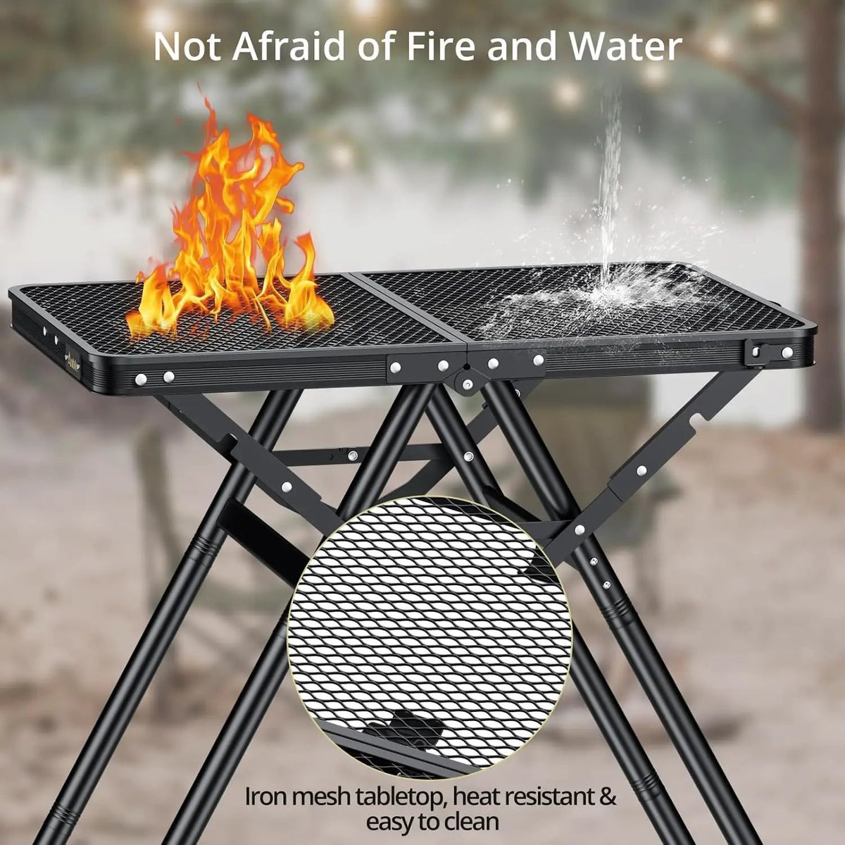 2ft Sturdy Folding Grill Table, Supports 180 Lbs, 2 Adjustable Height 28” Portable Grill Table, Heat-Resistant Tabletop, Folding Metal Table for Camping BBQ Cooking Backyard, 24" X 16", Black, photo 5 of 6