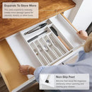 Premium Silverware, Flatware and Utensil Organizer for Kitchen Drawers, Food-Safe Contract Grade, Expandable from 14.5 to 25 In, White Bamboo by CozyNest Decor