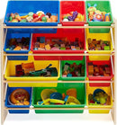 Amazon Basics Kids Toy Storage Organizer With 12 Plastic Bins, Natural Wood With Bright Bins, 10.9" D x 33.6" W x 31.1" H by CozyNest Decor