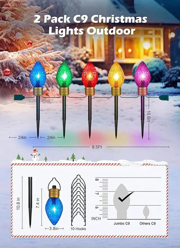 Strawberry Jumbo C9 Christmas Pathway Lights Outdoor - 2 Pack Total 17 Feet 10 LED C9 Christmas Lights, Jumbo Bulb Outdoor Decorations for Yard Lawn Holiday Outside, photo 2 of 7