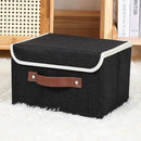 ANMINY 2PCS Storage Bins with Lid PU Leather Handles Storage Boxes PP Plastic Board Decorative Foldable Lidded Cotton Linen Fabric Home Cubes Baskets Closet Organizer Containers - Black, Large Size by CozyNest Decor
