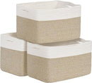 Shelf Baskets for Organizing, Woven Storage Basket for Shelves, Cotton Rope Storage Bins for Toys Books, Nursery Towel Baskets for Classroom, 14.96"X9.8"X8.85", 3-Pack White/Brown by CozyNest Decor