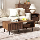 Mid Century Modern Coffee Table with Grooved Drawers & Open Storage, 47" MDF Walnut Wood Center Table with Black Solid Wood Legs, Retro Living Room Furniture by CozyNest Decor