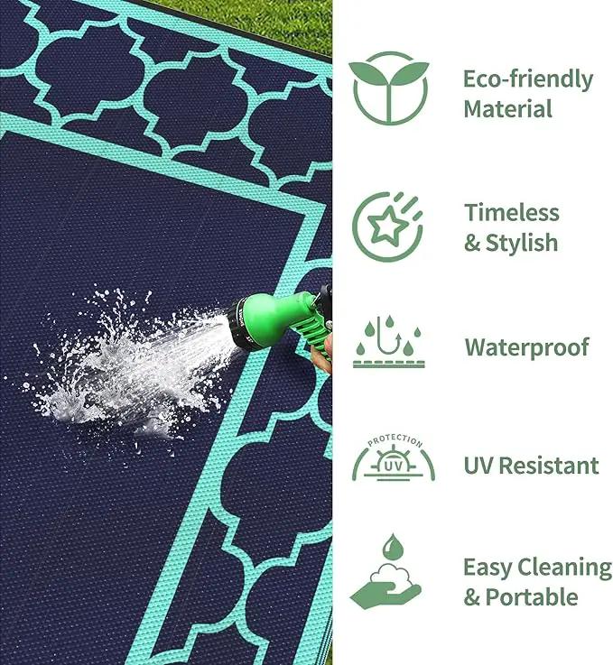 GENIMO 8 ' x 10 ' Outdoor Rug for Patio, Waterproof Indoor Outdoor Plastic Straw Rugs Carpet, Reversible Outside Area Mat for Camping, Balcony Porch, Deck, Picnic, Beach Navy Blue & Jade Green, photo 6 of 7