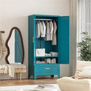 71'' Farmhouse Metal Wardrobe Cabinet with Hanging Rod, 2 Barn Door Wardrobe Closet with Adjustable Shelves,Drawer,for Dining Room,Bedroom,Living Room, Cloak Room,Office (Peacock Blue) by CozyNest Decor