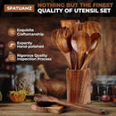 SPATUAMZ Wooden Spoons for Cooking, Teak Wood Kitchen Utensil Set for Nonstick Cookware, Durable Cooking Spatulas Set of 9 with Holder and Spoon Rest by CozyNest Decor