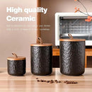 JOJUNO Black Ceramic Canister Set with Wooden Lid, 3-Piece Airtight Food Storage Jars for Kitchen Counter - Flour, Sugar, Coffee, Tea, Spice - Small, Medium, Large Sizes - Stone Texture by CozyNest Decor