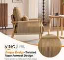 VINGLI Boho Braid Accent Armchair,Mid-Century Modern Chiar with Solid Wooden Armrest,Comfy Louge Cushion Chair with Waist Pillow for Bedroom,Living Room,Reading Room, Khaki