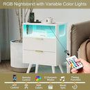 White Nightstand with Charging Station and LED Lights,Modern Bedside Table with 2 Storage Drawer and Open Wood Shelf, for Bedroom and Small Spaces,Night Stand with Solid Wood Legs,White by CozyNest Decor