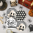 Coaster for Drinks Set of 6, Halloween Hey Boo Cute Ghost Spooky Black White Absorbent Round Ceramic Stone Mat, with Cork Base and Metal Holder, Gift for Housewarming Room Bar Decor by CozyNest Decor