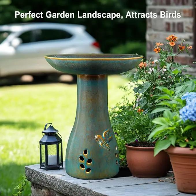 Ceramic Bird Bath for Outdoors, 21.5 inch Heavy Duty Bird Bath，Weather-Resistant Birdbath for Outdoor Garden Use, Attracts Birds, Elegant Yard Décor - Blue, photo 2 of 7