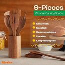 Riveira Teak Wooden Spoons for Cooking Set of 9 – Natural Teak Wooden Cooking Utensils, Wooden Spatula, Wooden Spoon - Premium Quality Wooden Utensil Set for Non-Toxic Cooking by CozyNest Decor