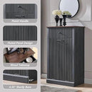 Modern Tilt-Out Trash Can Cabinet, 10 Gallon Fluted Laundry Hamper Cabinet with Drawers, Wooden Hidden Garbage Can Cabinets with Storage Basket, Free Standing for Kitchen and Living Room, Grey by CozyNest Decor