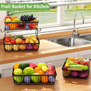 2 Tier Fruit Basket for Kitchen Counter with 2 Banana Hangers, Countertop Metal Fruit Bowl with Wooden Handle, Large Storage Stand for Vegetables, Snacks, Breads, Produce Storage – Black by CozyNest Decor