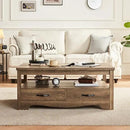 LINSY HOME Farmhouse Coffee Table with Storage, Wood Coffee Table for Living Room, Open Display Area and Storage Drawers with Metal Handles, Chic Style with Curved Base, Brown by CozyNest Decor