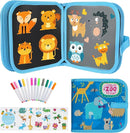 Erasable Doodle Set for Kids - Reusable Magic Drawing Book with 12 Watercolor Pens 14 Page Drawing, Road Trip Car Game Writing Painting Set for Boys and Girls (Zoo Blue) by TinyTreasures Baby Boutique