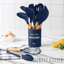 Country Kitchen Non Stick Silicone Utensil Set with Rounded Wood Handles for Cooking and Baking, 14 Piece Set, Navy by CozyNest Decor