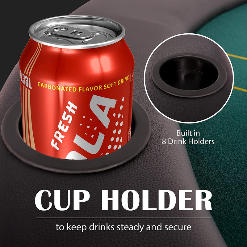 Poker Table Folding Casino Poker Table 8 Players Round Card Table with 8 Plastic Cup Holder Casino-Grade Felt Surface for Blackjack