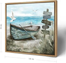 Framed Wall Art Beach Décor Ocean Canvas Picture Coastal Artwork Sea Bird Boat Blue Tan Small Rustic Beachy Canvas Print for Bathroom Bedroom Living Room by CozyNest Decor