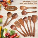 Wooden Spoons for Cooking, 10PCS Teak Wood Cookware Utensil Set with Hooks - Smooth Finish, Non-Stick, Comfortable Grip, Heat Resistant Kitchen Utensils by CozyNest Decor