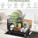 2 Tier Black Large Stainless Steel Dish Drainers Drying Rack for Kitchen Counter with Drainboard, Rust Proof Metal, Space Saving, Modern Aesthetic, Compact Plates Strainers with Extra Mat by CozyNest Decor
