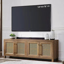 JYED Mid Century Modern TV Stand for TVs up to 75 Inch, with Hollow Metal Mesh Decorated，Boho TV Console with Storage Cabinet,Cable Holes, TV Stand for Living Room, 69.5"x15.6"x24.8", Rustic by CozyNest Decor