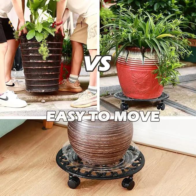 2 Packs 14 Inch Rolling Plant Stand with Wheels Metal Plant Caddy with Wheels Heavy Duty Round Plant Stand Indoor Iron Plants Rollers for Plants, Plant Dolly with Plant Saucers, photo 2 of 8