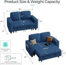 LINSY HOME Loveseat Sofa with Pull Out Couch Chaise: 2-in-1 Convertible 2 Seater Sofa with USB Charging & Cup Holders, Comfy Plush Corduroy Love Seat for Small Spaces Living Room Apartment, Blue by CozyNest Decor