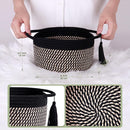 Decorative Small Gift Basket Empty – SweetMemo Cute Woven Rope Organizer Baskets for Desk, Bedside, Bathroom, Key, Round Boho Decor Cotton Bin with tassel, Gift Bag, Ribbon – Rustic Black Brown by CozyNest Decor