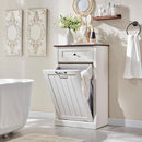 Tilt Out Laundry Hamper Cabinet, 10 Gallon Farmhouse Trash Can Cabinet with Drawer, Hidden Wood Garbage Can Bin Cabinet with Laundry Storage Basket for Bathroom, Kitchen, Antique White by CozyNest Decor
