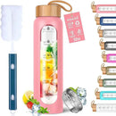 Aqulea Glass Water Bottles 32 Oz with Silicone Sleeve - BPA Free Reusable Wide Mouth Glass Motivational Water Bottles with Fruit Infuser – Leak Proof Borosilicate Water Bottle with Time Marker (Pink) by CozyNest Decor