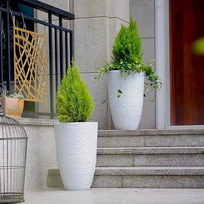 Worth Garden 2-Pack 21" H. White Tall Planters - 14'' Dia Resin Large Round Flower Pots for Outdoor Plants Trees - Imitation Stone Finish Plastic Indoor Front Porch 9 Gallon Decorative Container Patio, photo 4 of 6