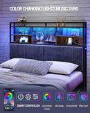 Headboard with 3-Tier Storage Shelves, Velvet Upholstered Head Board with 2 Outlets, USB Ports & LED Light, Soft Backrest for Queen Size Bed, Rustic Brown and Black BH15201BV1 by CozyNest Decor