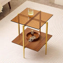Glass End Table, Mid-Century Modern Design Sofa Table, L41 x W21 x H17, for Living Room, 2-Tier Structure, Clear Glass Top and Walnut MDF Shelf, Sleek Conical Metal Legs with Gold Finish Frame by CozyNest Decor