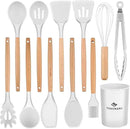 Silicone Cooking Utensils Set, Premium Beech Wood Handle Kitchen Gadgets Utensil Set, Non-Stick Kitchen Utensils Spatula, Tongs, Turner, Whisk, Brush, Spoon, BPA FREE, 446°F Resistant (White)