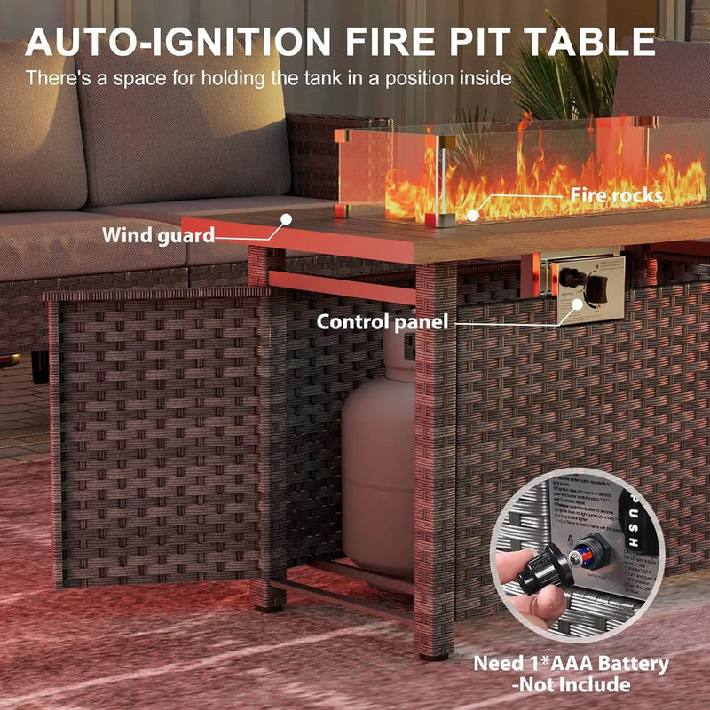 44" Fire Pit Table with Wind Guard for Outdoor, Auto-Ignition Propane Gas Firepits Rattan Rectangular Table for Outside Patio 60,000 BTU, Gray, photo 3 of 6