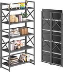 4NM 5 Tiers No Assembly Book Shelves, 51.2" H Folding Bookshelf Bookcase Open Industrial Foldable Shelves for Bedroom, Living Room, Home Office - All Black by CozyNest Decor