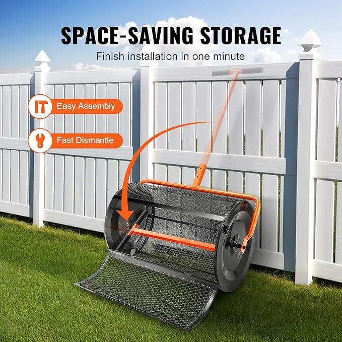 VEVOR Compost Spreader, 24.4-25.6" Height Adjustable Handle, 24" Wide, Lawn and Garden Peat Moss Roller with Side Latches, Powder Coated Steel Mesh Basket for Spreading Manure, Topsoil, Black, photo 6 of 9