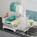 2 Tier Large Dish Drying Rack - Extendable Dish Rack, 2-in-1 Anti-Rust Stainless Steel Dishrack for Kitchen Counter and Sink, Dish Strainer with Utensil Holder & Cup Holder(White) by CozyNest Decor