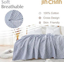 jinchan Boho 100% Cotton Blanket Muslin 50x60 Inches Lightweight 3-Layer Geometric Square Striped Pattern Reversible Quilt Throw Soft Breathable Comfy All Seasons for Couch Bed Decor, Blue by CozyNest Decor