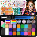 Face Painting Kit for Kids with 24Colors, Rainbow Cakes, Stencils, Gem Stickers, Glitter, Brushes, Temporary Tattoos – Non-Toxic Washable Face Paint for Halloween, Birthday Party, School Events by TinyTreasures Baby Boutique
