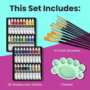 Chalkola Watercolor Paint Set for Adults, Kids, Beginner & Professional Artists - 36 Watercolor Tubes Set (12ml, 0.4oz), 10 Painting Brushes & 1 Palette | Vibrant Water Color Art Painting Supplies by TinyTreasures Baby Boutique