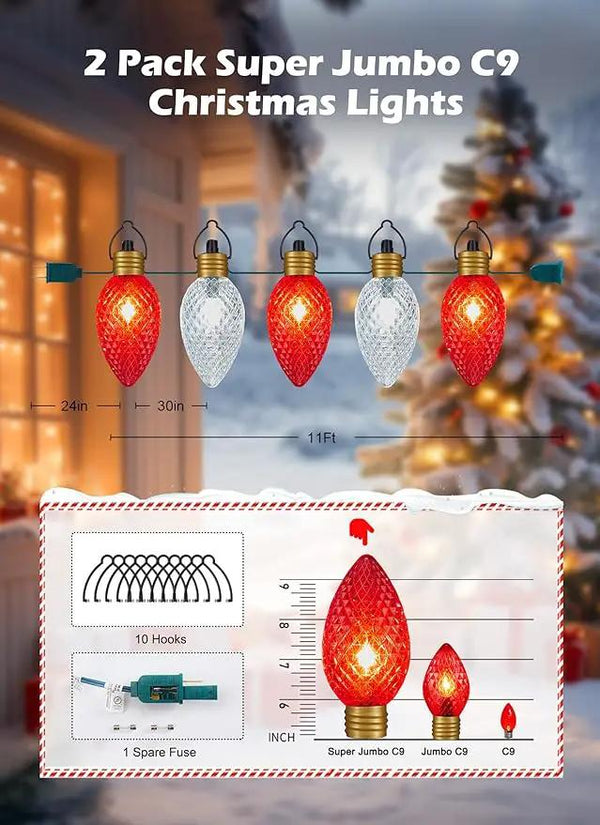 2 Pack 11Feet 5 LED Super Jumbo Christmas String Lights or Pathway Marker Lights, Outdoor Xmas Decorations- Jumbo C9 Hanging Lights Waterproof Lawn Dec for Holiday Home Tree Roof Yard, Red ＆ White, photo 2 of 3