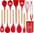 Silicone Cooking Utensils Set, Premium Beech Wood Handle Kitchen Gadgets Utensil Set, Non-Stick Kitchen Utensils Spatula, Tongs, Turner, Whisk, Brush, Spoon, BPA FREE, 446°F Resistant (Red) by CozyNest Decor