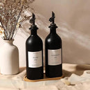 HOMCDALY Olive Oil Dispenser for Kitchen, 16oz Glass Oil Bottles with Bamboo Tray, Black Oil&Vinegar Cruet Set, Kitchen Dispenser Bottles with Pourer | Set of 2 (16oz – Black) by CozyNest Decor