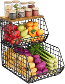 X-cosrack 2-Tier Stackable Wire Baskets for with Wood Lid, Wall Hanging Baskets for Potato and Onion Storage, Fruit Basket for Kitchen Counter, Metal Baskets for Snack Produce Cans by CozyNest Decor