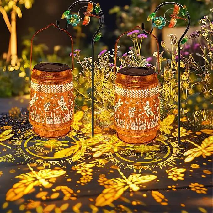 2 Pack Solar Lanterns Outdoor Garden Decor with Shepherd Hook, Gardening Gifts for Mom Grandma Women Dragonfly Metal Decor Lantern Waterproof Solar Lights LED Decorative for Garden Yard Patio, photo 7 of 9