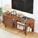 TV Stand with Power Outlet, Mid-Century Modern Television Stand, Media Console with Sliding Doors, Entertainment Center for TVs up to 60 Inch, Adjustable Shelves, Walnut by CozyNest Decor