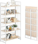 4NM No Assembly 5 Tiers Folding Bookshelf, 59.4" H Foldable Storage Shelves Vintage Bookcase Standing Racks Study Organizer Home Office - Natural White by CozyNest Decor