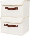 ANMINY 2PCS Storage Bins with Lid PU Leather Handles Storage Boxes PP Plastic Board Decorative Foldable Lidded Cotton Linen Fabric Home Cubes Baskets Closet Organizer Containers - Beige, Small Size by TinyTreasures Baby Boutique